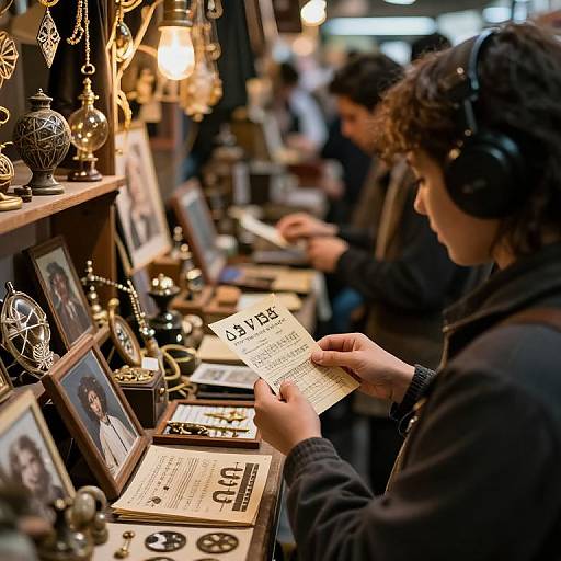 Photograph of a person with curly hair and headphones browsing vintage items in a dimly lit, cozy shop, holding a price tag.