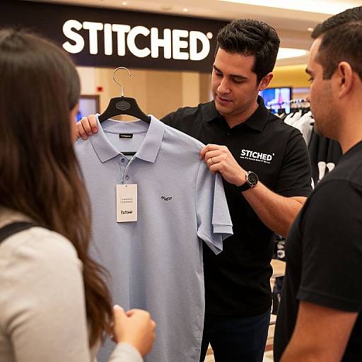 Photograph of three men in black polo shirts displaying a light blue polo shirt with a price tag in a brightly lit 
