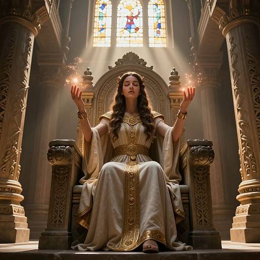 Photorealistic digital artwork of a regal woman with long dark hair, wearing a gold-embroidered white robe, sitting on an ornate