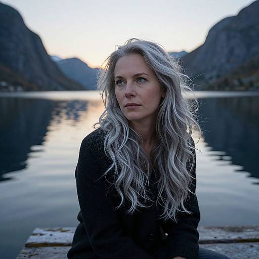Photograph of a blonde woman with wavy hair, wearing a black top, sitting by a tranquil lake at sunset, surrounded by mountains.