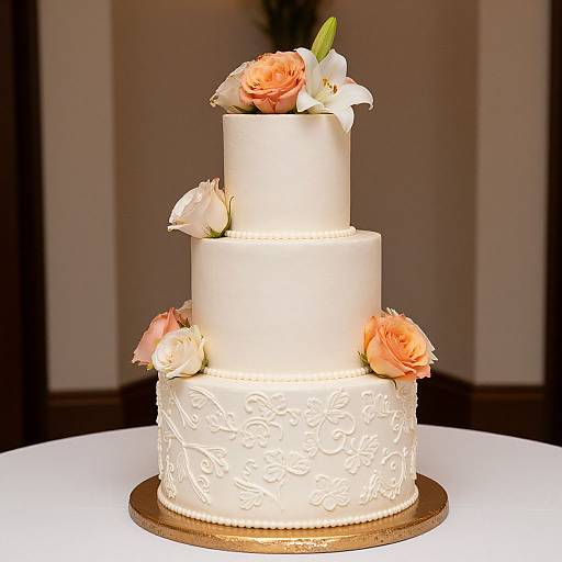 Photograph of a three-tiered white wedding cake adorned with pink and white roses, intricate white icing patterns, and a gold base.