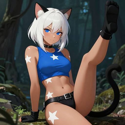 Anime-style digital drawing of a white-haired, blue-eyed catgirl with black cat ears, tail, and gloves, wearing a blue star crop top and