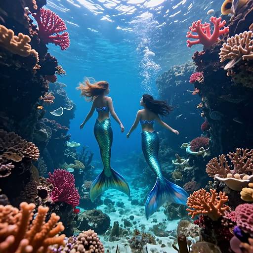Photograph of two mermaids with shimmering blue scales, floating amidst vibrant coral reefs and colorful marine life in a sunlit underwater cavern.