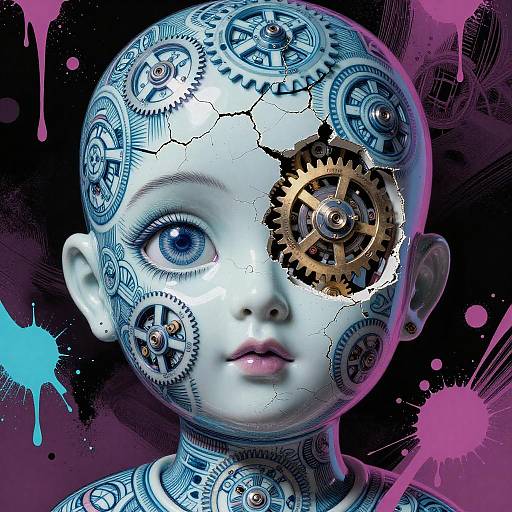 Neo-Noir Porcelain Doll Clockwork Portrait