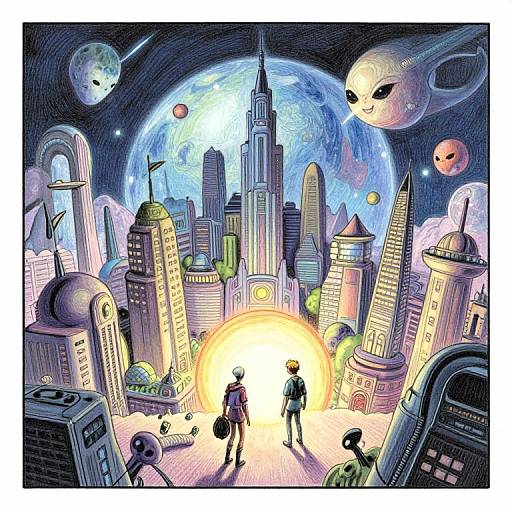 Digital illustration of a surreal cityscape with glowing sun, towering buildings, alien-like figures, and floating planets, under a night sky.