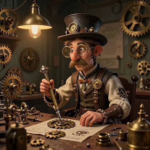 Steampunk inventor with mustache, round glasses, top hat, and vest, writes on paper surrounded by gears, under warm lamp light. CGI