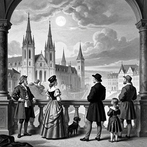 Black-and-white engraving of 17th-century European family with children and dog, observing Gothic cathedral cityscape from archway balcony.
