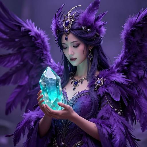 Fantasy Earth Goddess with Purple Feathers and Turquoise Crystal