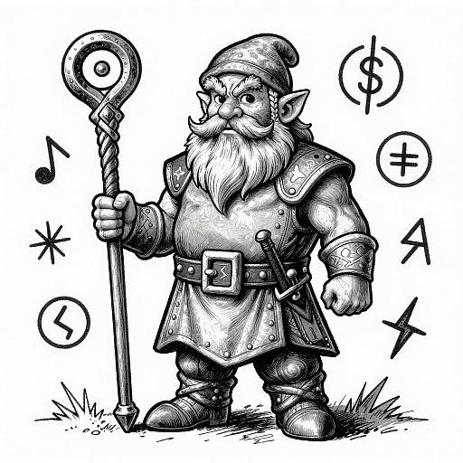 Black-and-white ink drawing of a stout, bearded gnome in armor, holding a staff with a circular top, surrounded by magical symbols.