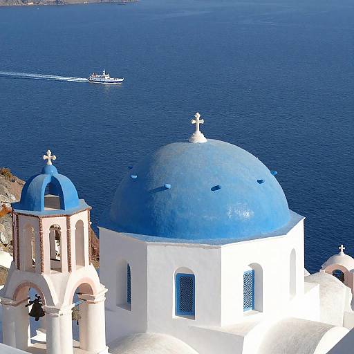 Vibrant Coastal View with Church and Ferry