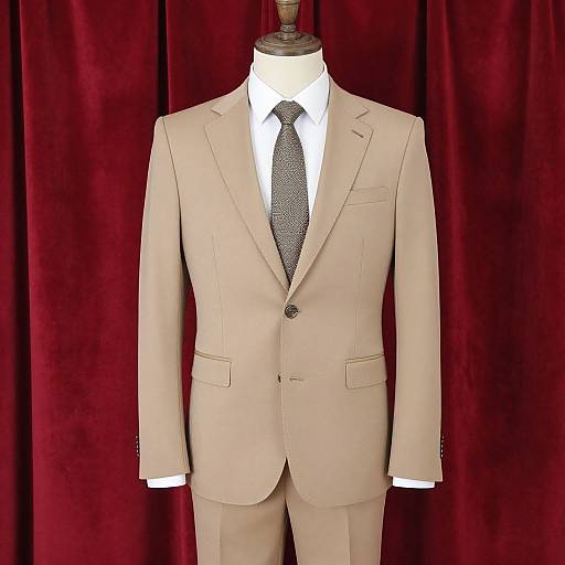 Photograph of a beige suit with white shirt and black polka-dot tie, displayed on a mannequin against a red velvet curtain.