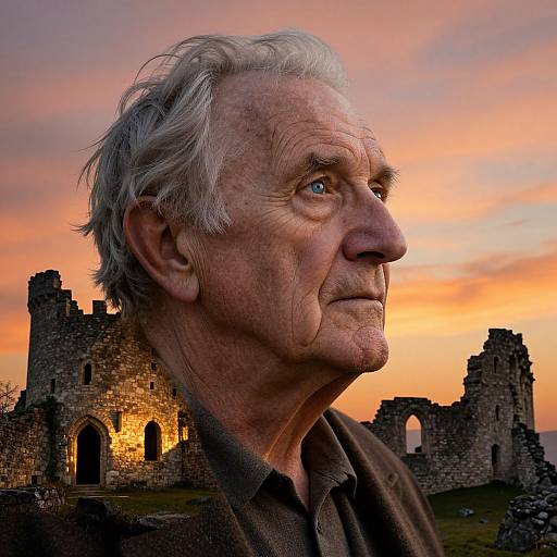 Photograph of an elderly man with white hair, wrinkled skin, and blue eyes, standing before a sunset-lit, ruined stone castle.
