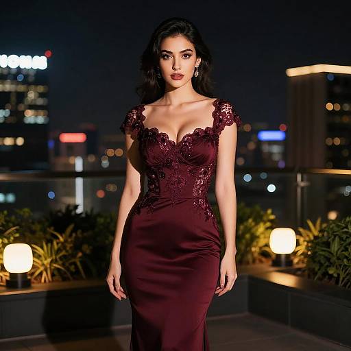 Photograph of a stunning woman with dark hair, wearing a deep burgundy, lace-trimmed, form-fitting evening gown, standing on a