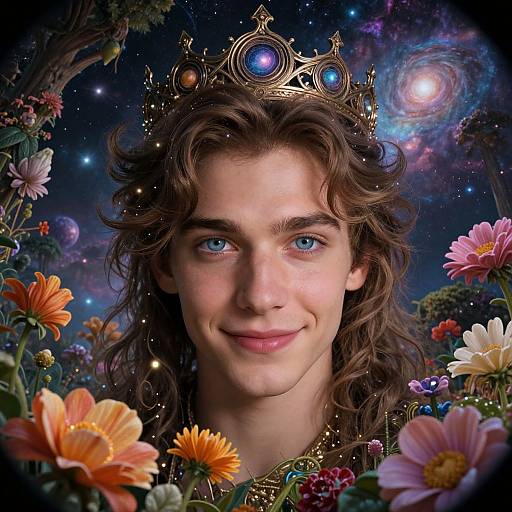 Photorealistic digital portrait of a young, fair-skinned man with blue eyes, wavy brown hair, golden crown, surrounded by vibrant flowers,