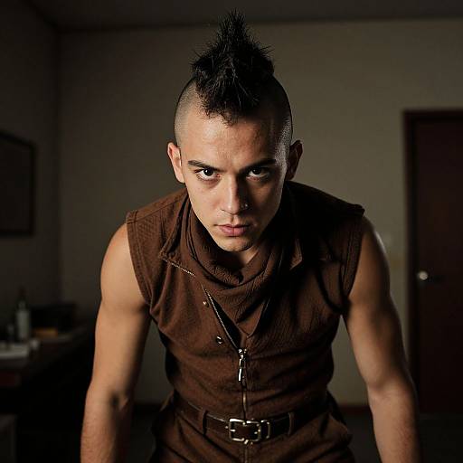 Photograph of a muscular man with a mohawk, brown sleeveless shirt, intense gaze, and dimly lit background, leaning forward.