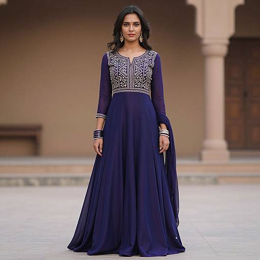 Photograph of a dark-skinned woman with long black hair, wearing a navy blue, long-sleeve, embroidered lehenga, standing in a