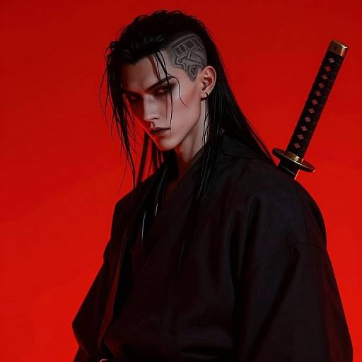 Photograph of a serious, wet-haired, black-clad woman with a geometric shaved side, holding a katana against a vivid red background.