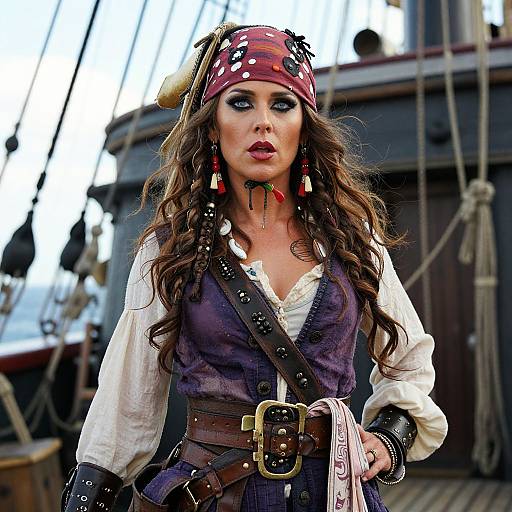 Photograph of a pirate woman with long brown hair, red bandana, dark eye makeup, white blouse, purple vest, black belt, and ship
