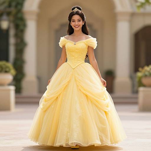 Photograph of a smiling woman in a yellow, off-shoulder, princess-style ball gown with a full skirt, standing outdoors in front of a