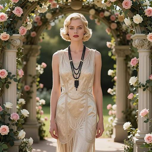 Elegant 1920s Flapper in Floral Archway