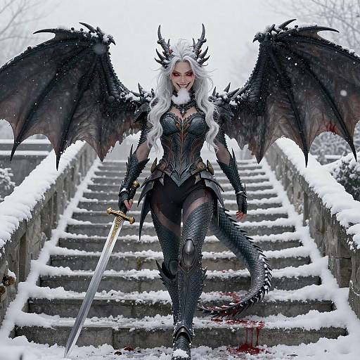 Digital artwork of a fierce, white-haired, black-winged demoness with horns, armored in black, wielding a sword, descending snowy stone steps.