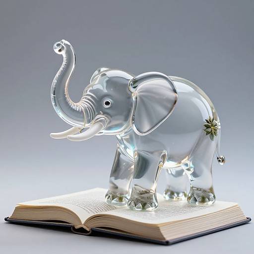 Clear glass elephant figurine with a raised trunk, standing on an open book, featuring a small green leaf on its side.