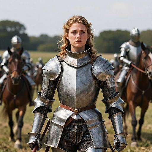 Photograph of a determined, blonde, Caucasian woman in medieval silver armor standing in a grassy field with blurred armored knights and horses in the background.