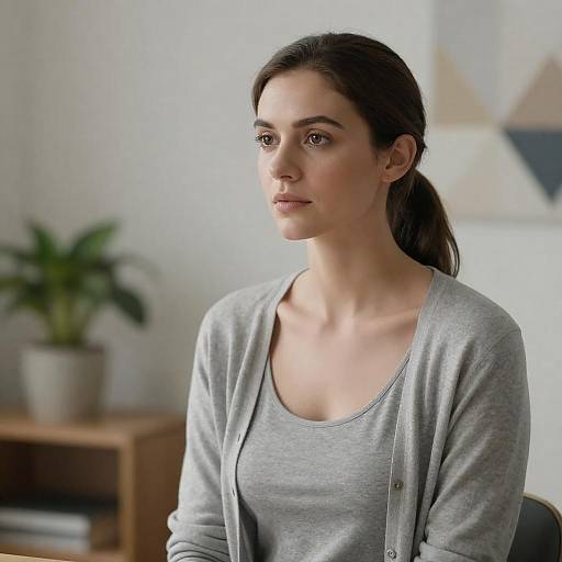 Thoughtful woman in grey cardigan