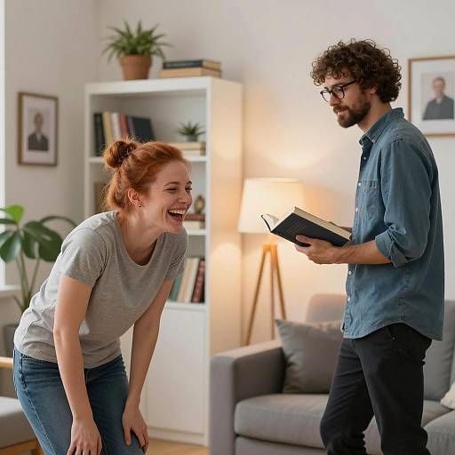 Laughing Woman and Man Reading in Living Room