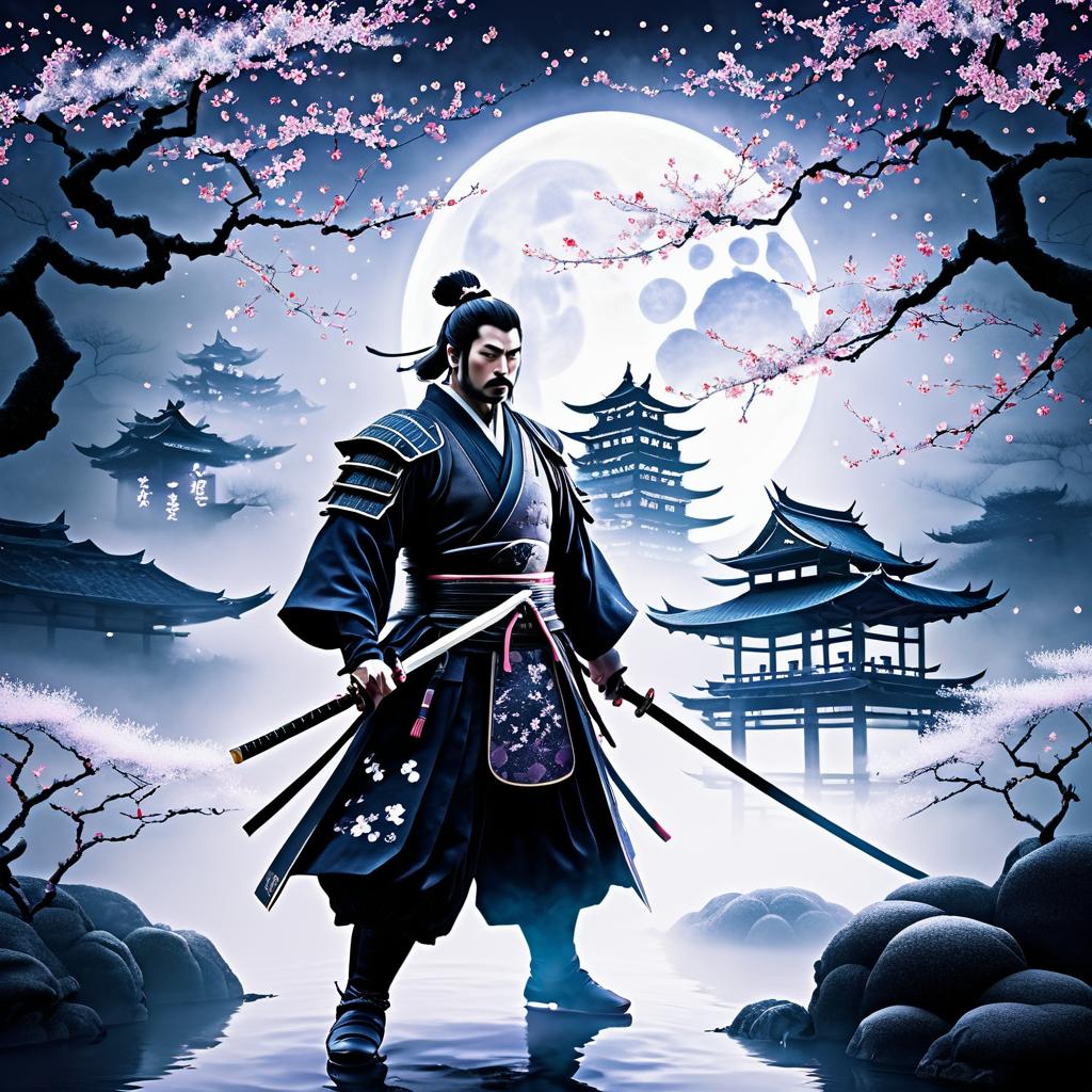 Samurai Confronts Ghosts in Moonlit Garden