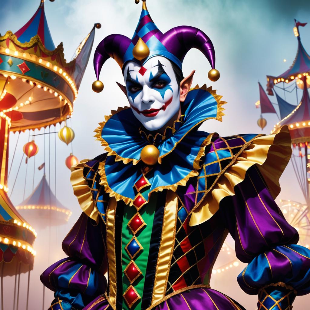 Sinister Jester in Foggy Carnival Scene