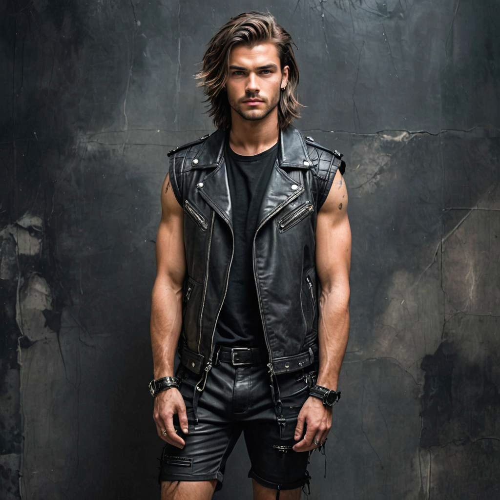 Edgy Young Man in Leather Shorts