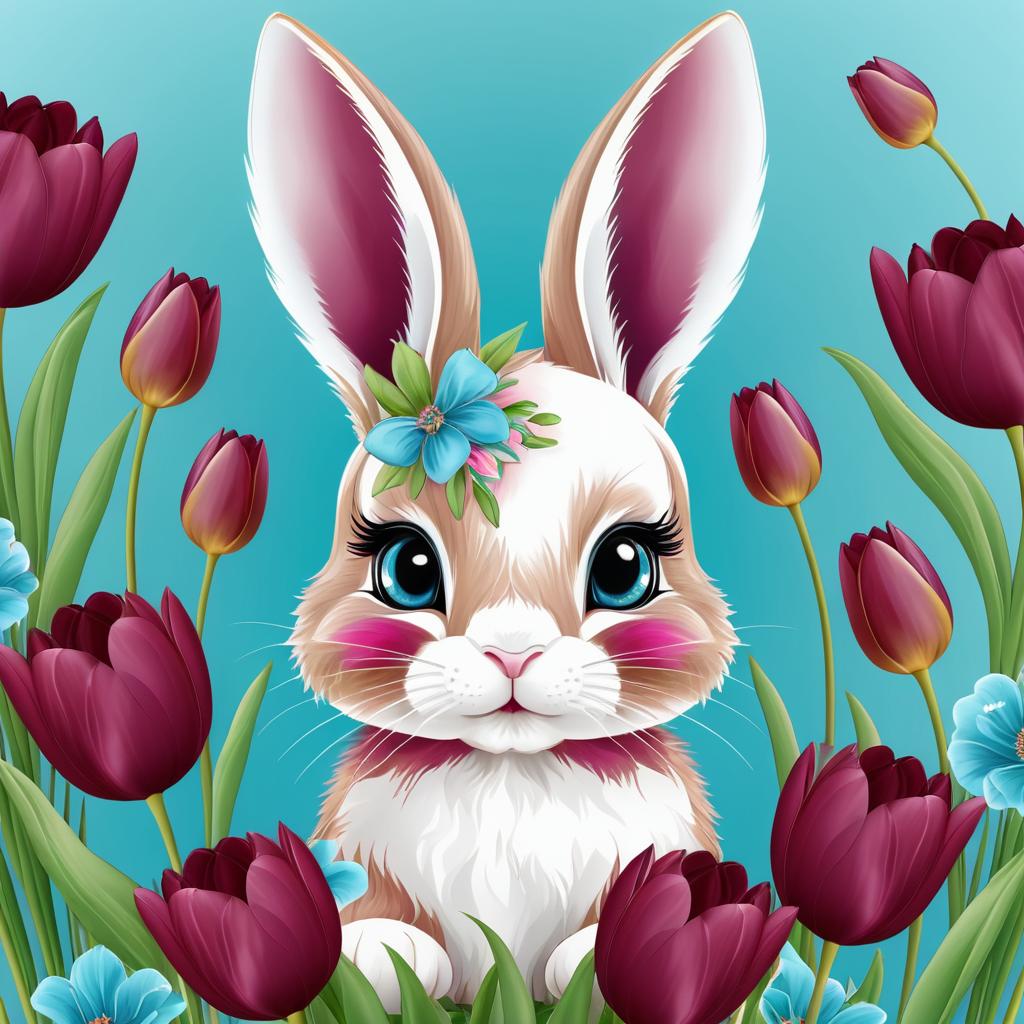 Cute Baby Rabbit with Tulips in Floral Style