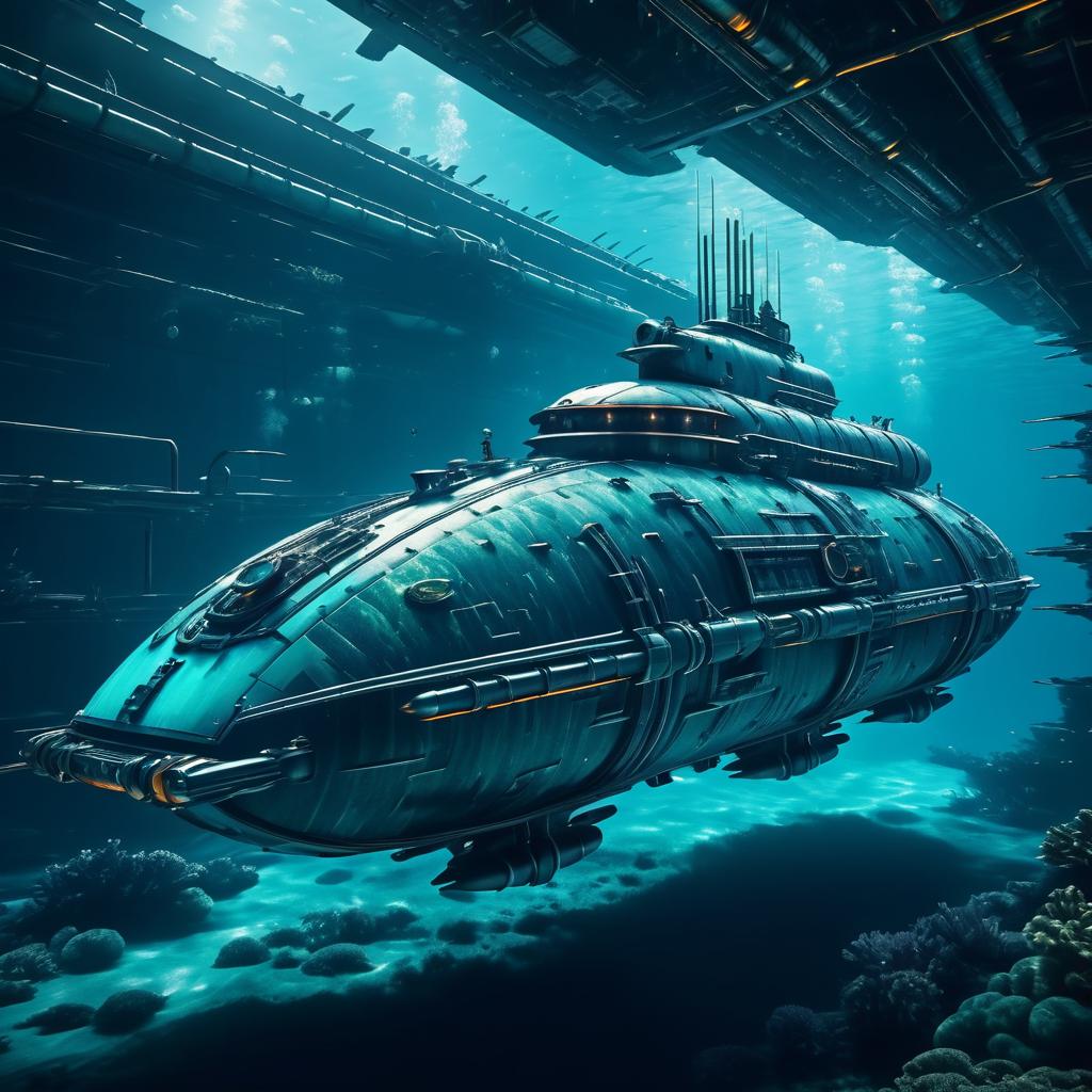 Epic Underwater Cyberpunk Submarine Scene