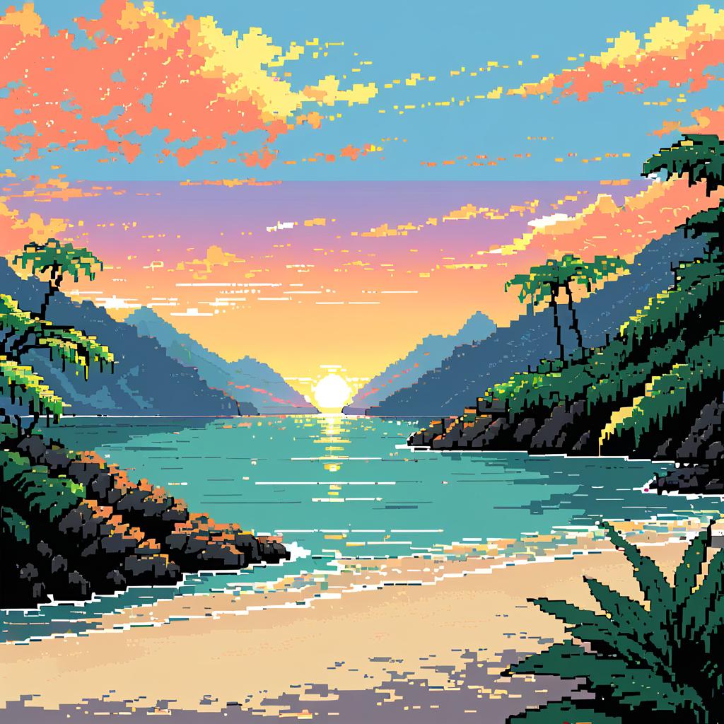 Retro Pixel Art of Tranquil Bay Sunset