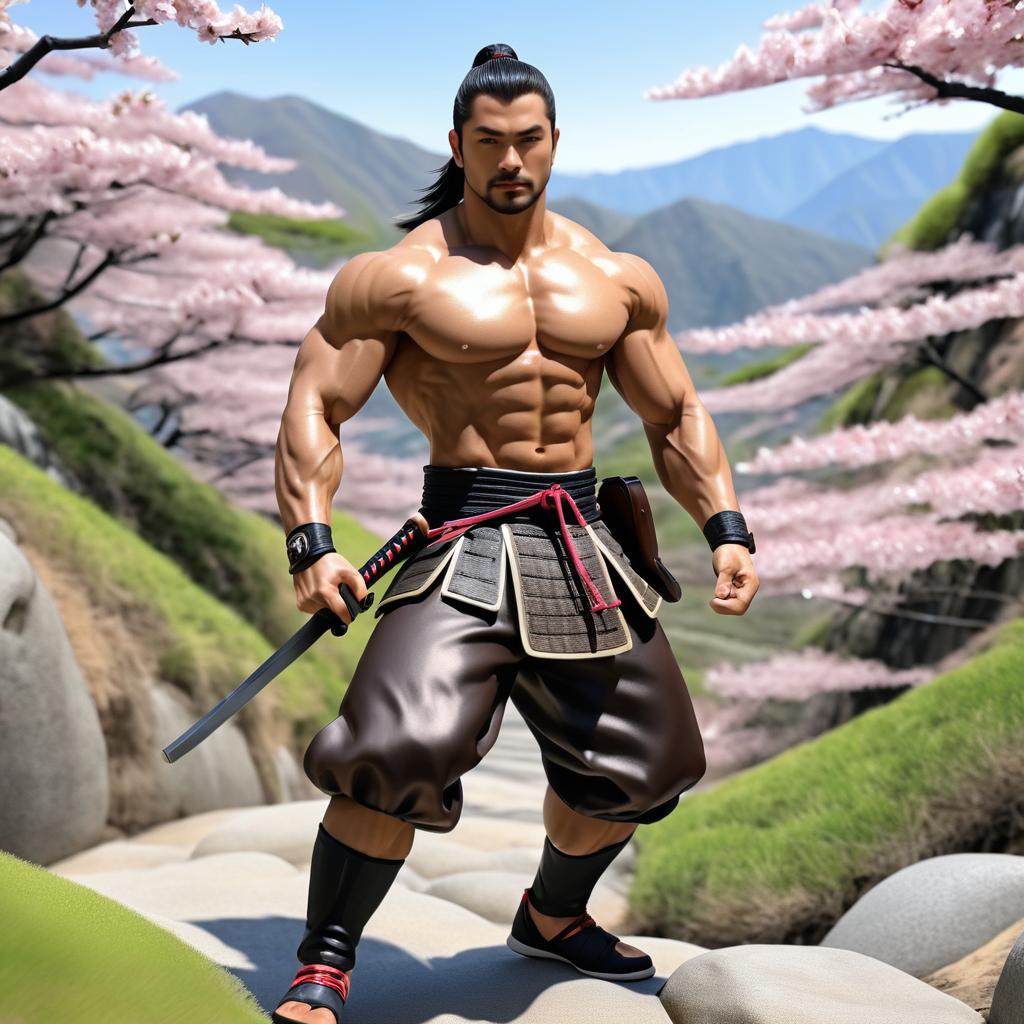 Hyperrealistic Male Samurai on Mountain Trail