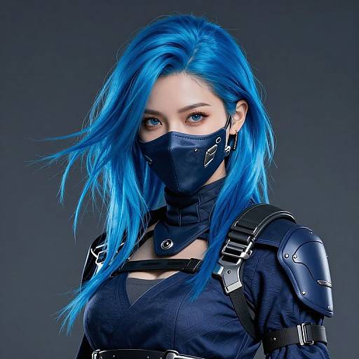 Digital art of a blue-haired woman with striking blue eyes, wearing black tactical armor, face mask, and shoulder pads, against a dark gradient background.