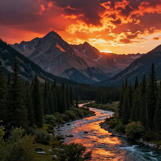 Photograph of a vivid sunset over a mountain range, with a reflective river winding through a dense forest, casting deep shadows. Orange and red clouds illuminate
