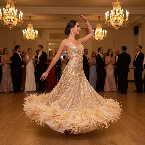 Photograph of a dark-haired woman in a sparkling gold, feathered ball gown, dancing elegantly in a grand ballroom with chandeliers and
