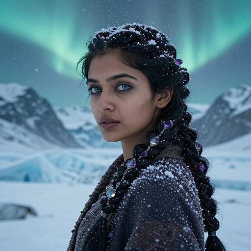 Photorealistic digital art of a young woman with dark braided hair, snow-covered, blue eyes, and wearing a dark, textured sweater, standing