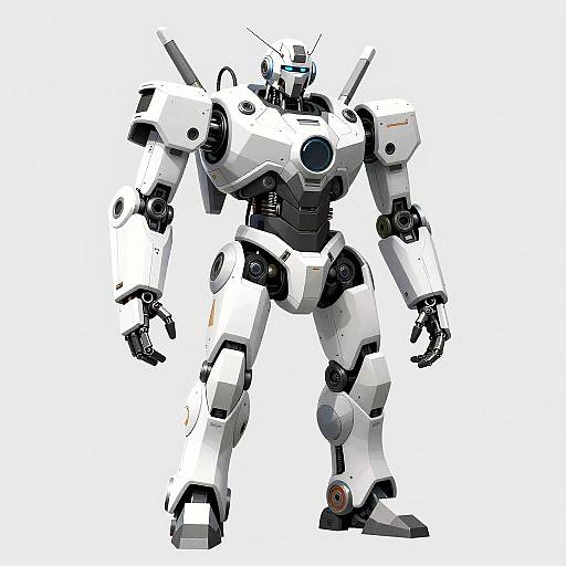 Digital illustration of a white and black, humanoid, robotic mecha with angular armor, glowing blue eyes, and detailed joints, standing against a white background