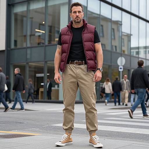 Photograph of a muscular man with short dark hair and beard, wearing a black t-shirt, burgundy puffy vest, beige pants, and white