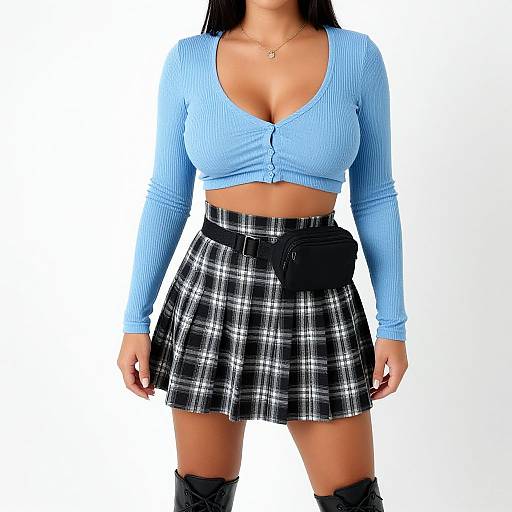 Photograph of a woman with tan skin, black hair, wearing a blue ribbed long-sleeve crop top, black-and-white plaid skirt