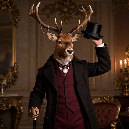 Photograph of a deer with antlers wearing a black top hat, black coat, and maroon vest, holding a cane, in a dimly
