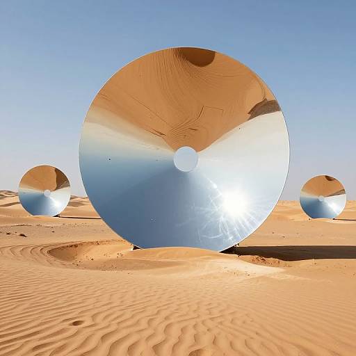 Photorealistic CGI of three large, reflective glass spheres in a desert, casting intricate shadows on rippled sand dunes under a clear blue sky.