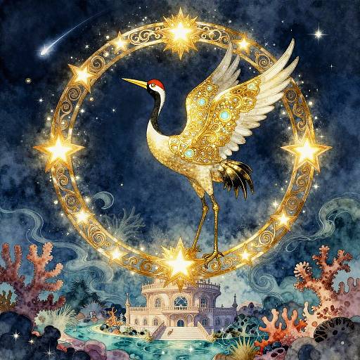 Gilded Celestial Crane in Aquamarine Reef