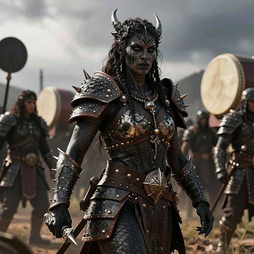 Photorealistic CGI: Dark, fierce female warrior in spiked, black metal armor with horns, leading battle-ready soldiers, drums in background, cloudy sky