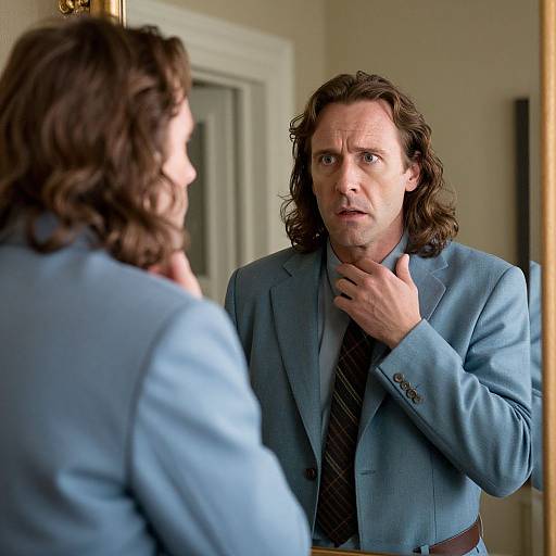 Photograph of a middle-aged man with wavy brown hair, wearing a light blue suit and striped tie, looking intensely at his reflection in a mirror