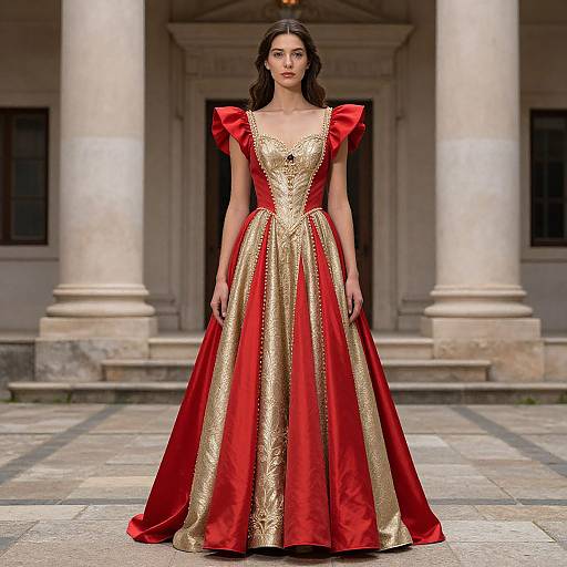 Photograph of a slender woman with long dark hair, wearing a red and gold embroidered ball gown with puffy sleeves, standing in front of a classical