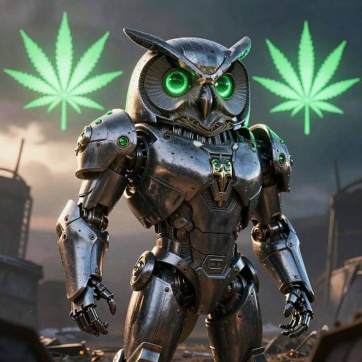 CGI image of a metallic owl robot with glowing green eyes, standing in a dystopian cityscape with neon green marijuana leaves in the cloudy sky.